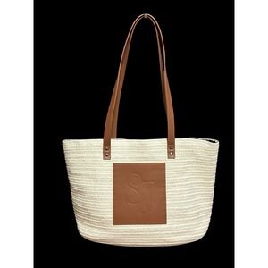Sassy Jones Woven Straw Tote Bag Natural W/ Expandable Print Liner Draw String